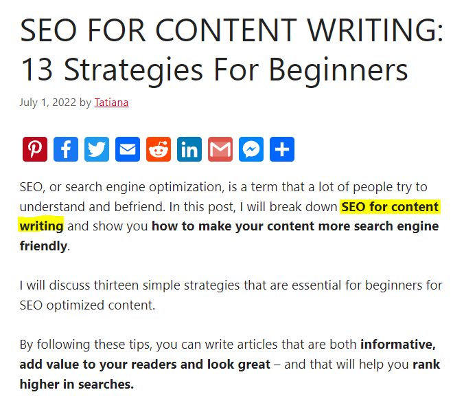 SEO for content writing keyword in title